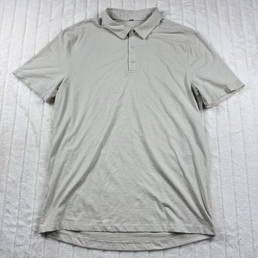 Lululemon Polo Shirt Mens Medium Cream Stripe Performance Golf Stretch Preppy